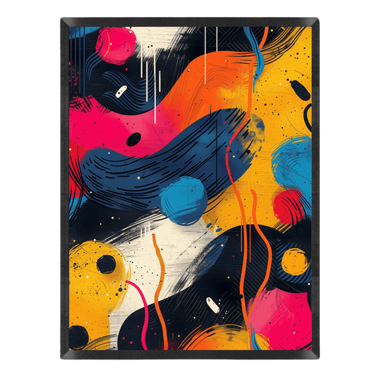 Colorful abstract art print featuring flowing organic shapes, wavy lines, and vibrant color blocking in orange, hot pink, yellow, and navy blue with fine texture overlay, set inside a thin black frame.