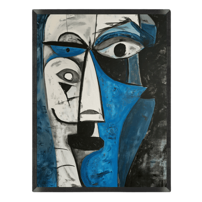 Cubist abstract portrait poster featuring a Picasso-style fragmented face in bold black, bright blue, charcoal, and white geometric shapes, set inside a thin black frame.