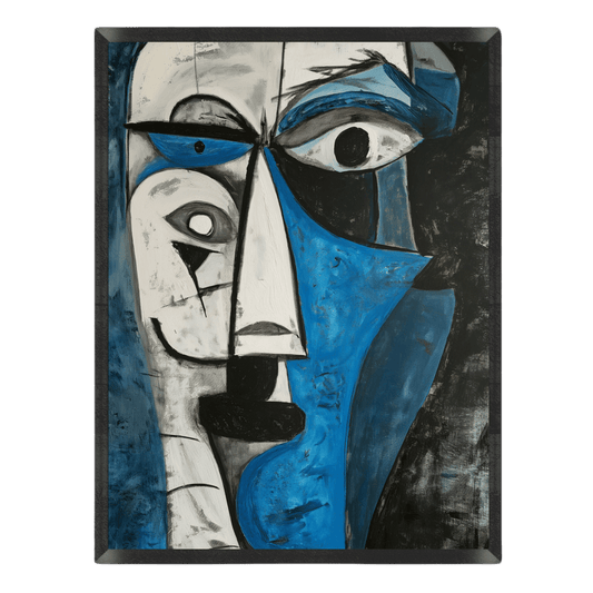 Cubist abstract portrait poster featuring a Picasso-style fragmented face in bold black, bright blue, charcoal, and white geometric shapes, set inside a thin black frame.