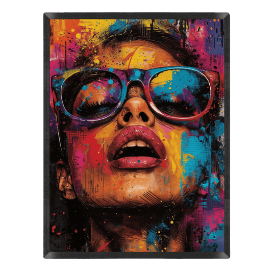 Vibrant street art portrait poster of a woman wearing colorful sunglasses looking upward, styled with bold graffiti paint splatters and brushstrokes in bright yellow, pink, blue, and orange inside a thin black frame.