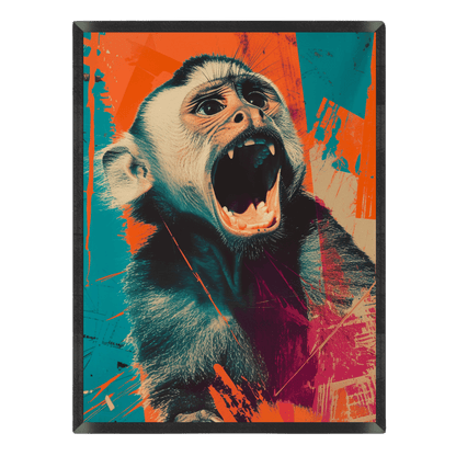 Pop-art street poster featuring an expressive, vocal capuchin monkey with an open mouth, surrounded by bold graffiti paint splatters in vibrant orange, teal, and magenta inside a thin black frame.