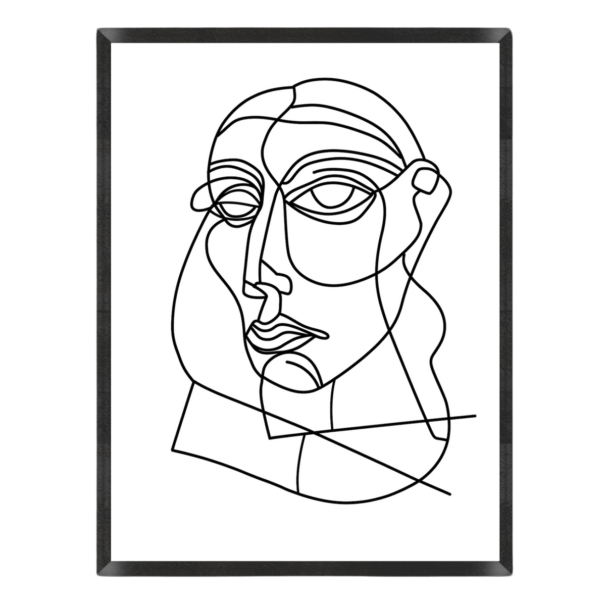 Minimalist black and white line art poster featuring a Picasso-style continuous single line drawing of an abstract portrait face on a white background, enclosed in a thin black frame.