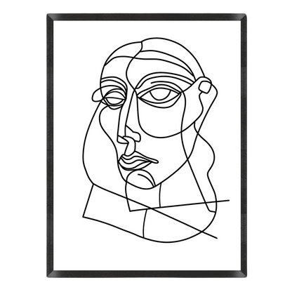 Minimalist black and white line art poster featuring a Picasso-style continuous single line drawing of an abstract portrait face on a white background, enclosed in a thin black frame.