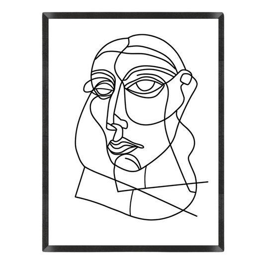 Minimalist black and white line art poster featuring a Picasso-style continuous single line drawing of an abstract portrait face on a white background, enclosed in a thin black frame.