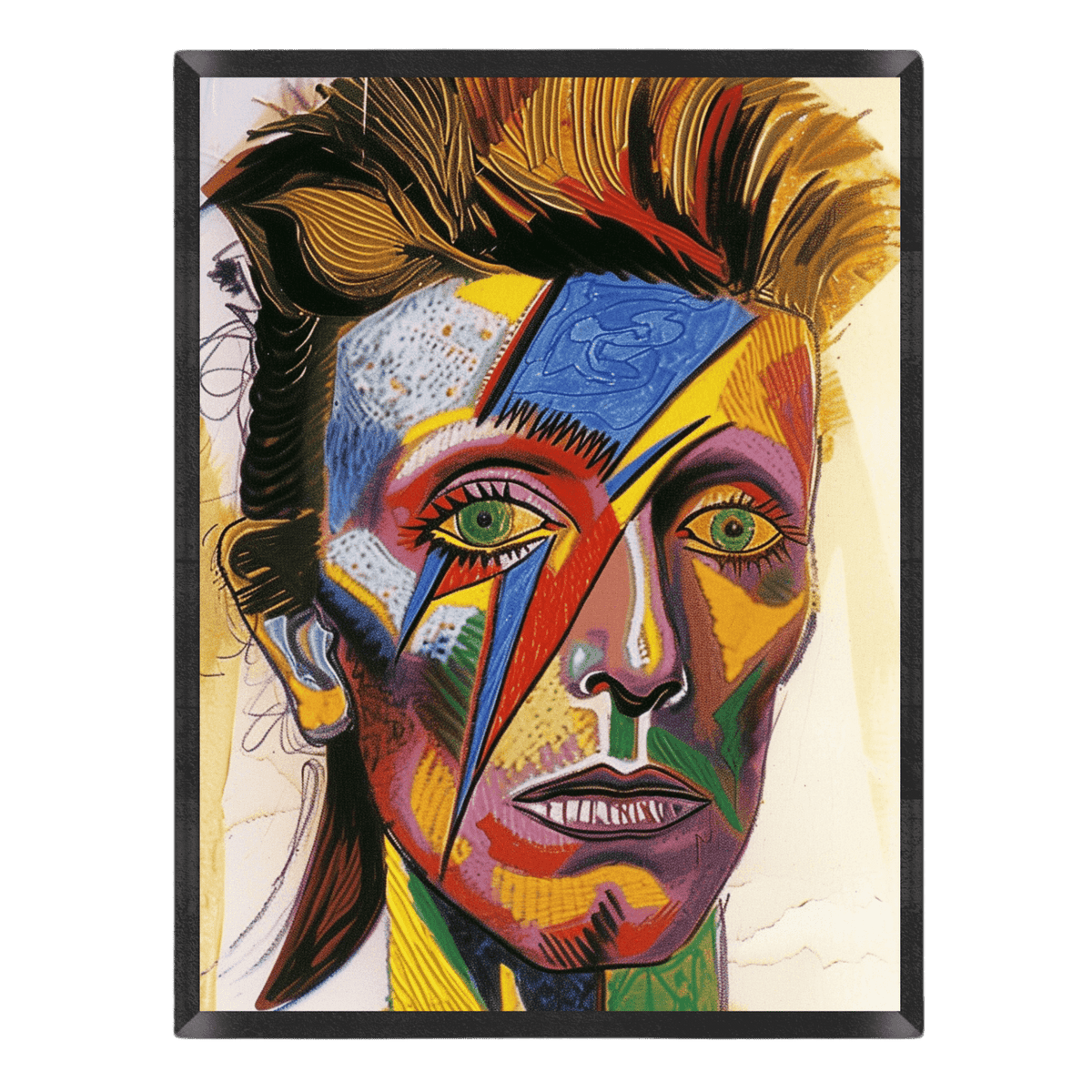 David Bowie pop art poster featuring an expressive, colorful illustration of Ziggy Stardust with the iconic lightning bolt painted across the face, textured details, and green eyes, enclosed in a thin black frame