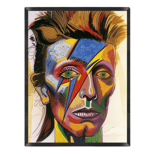 David Bowie pop art poster featuring an expressive, colorful illustration of Ziggy Stardust with the iconic lightning bolt painted across the face, textured details, and green eyes, enclosed in a thin black frame