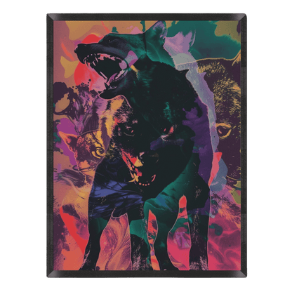 Psychedelic collage poster featuring snarling black wolves blended with vibrant pink, purple, teal, and yellow paint splatters in a thin black frame.