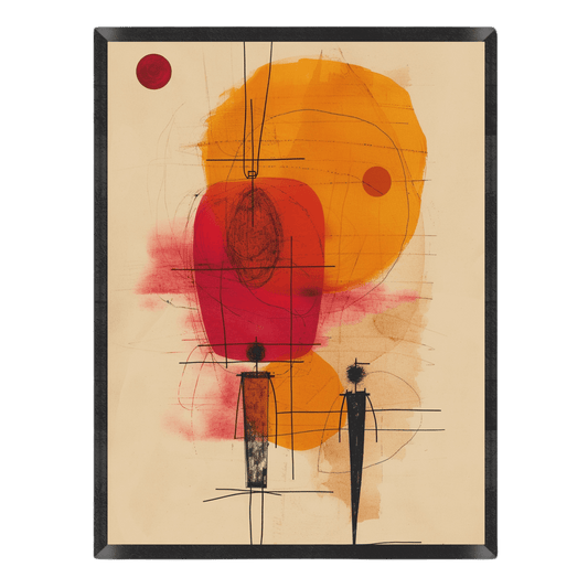Mid-century modern abstract art print featuring minimalist stick figures beneath bold geometric shapes in warm orange, red, and beige tones with fine black line work, enclosed in a thin black frame.