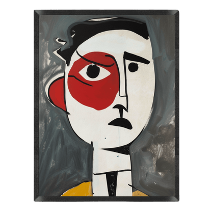Modernist abstract portrait art print featuring a stylized face with bold black line drawing, a red patch around one eye, and a muted yellow collar set against a brushed grey background in a thin black frame.