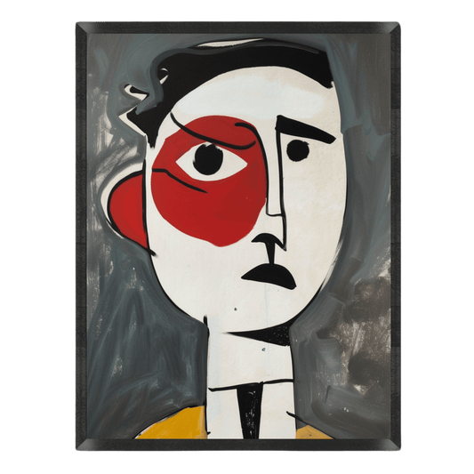 Modernist abstract portrait art print featuring a stylized face with bold black line drawing, a red patch around one eye, and a muted yellow collar set against a brushed grey background in a thin black frame.