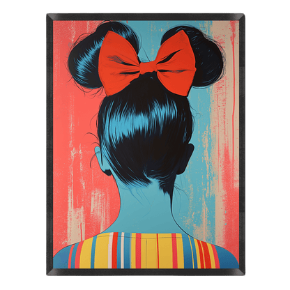 Pop-art poster featuring the back view of a woman styled with space buns and a large red bow, set against a distressed teal and coral background in a thin black frame.