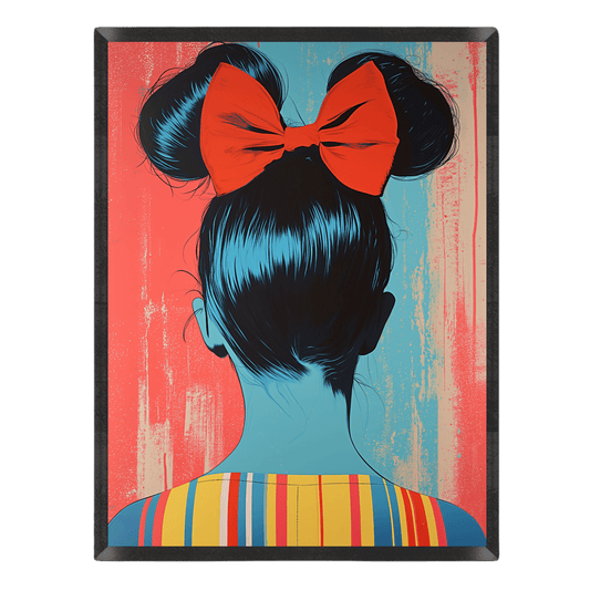 Pop-art poster featuring the back view of a woman styled with space buns and a large red bow, set against a distressed teal and coral background in a thin black frame.
