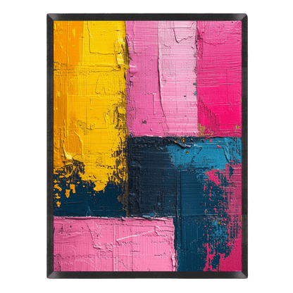 Abstract impasto oil painting poster featuring thick color blocking in vibrant yellow, hot pink, pastel pink, light blue, and deep navy blue with heavy canvas texture, enclosed in a thin black frame.