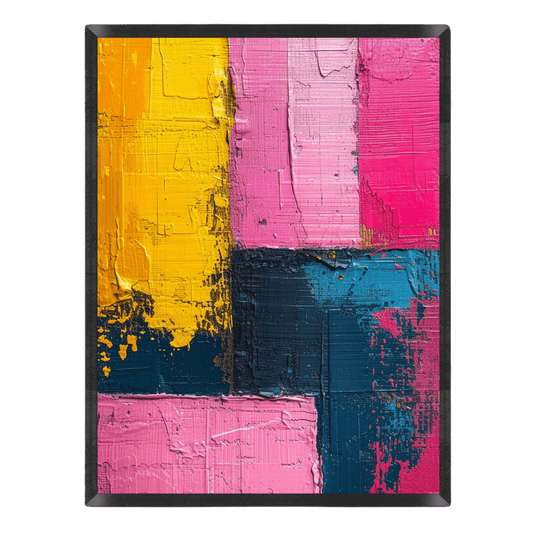 Abstract impasto oil painting poster featuring thick color blocking in vibrant yellow, hot pink, pastel pink, light blue, and deep navy blue with heavy canvas texture, enclosed in a thin black frame.