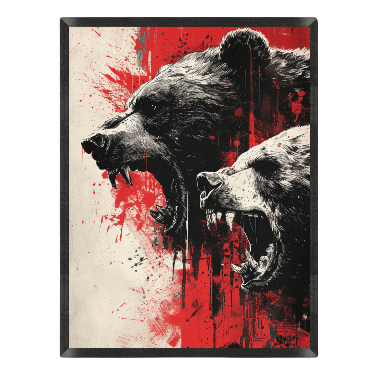 Intense wildlife art print featuring two roaring grizzly bears in side profile with sharp teeth exposed, stylized with bold black-and-white ink hatching and dramatic red paint splatters, enclosed in a thin black frame.