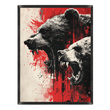 Intense wildlife art print featuring two roaring grizzly bears in side profile with sharp teeth exposed, stylized with bold black-and-white ink hatching and dramatic red paint splatters, enclosed in a thin black frame.