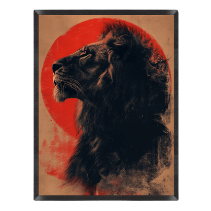 Dramatic wildlife poster featuring a side profile illustration of a male lion with a dark, full mane set against a large red sun on a weathered, tan vintage-style background inside a thin black frame.