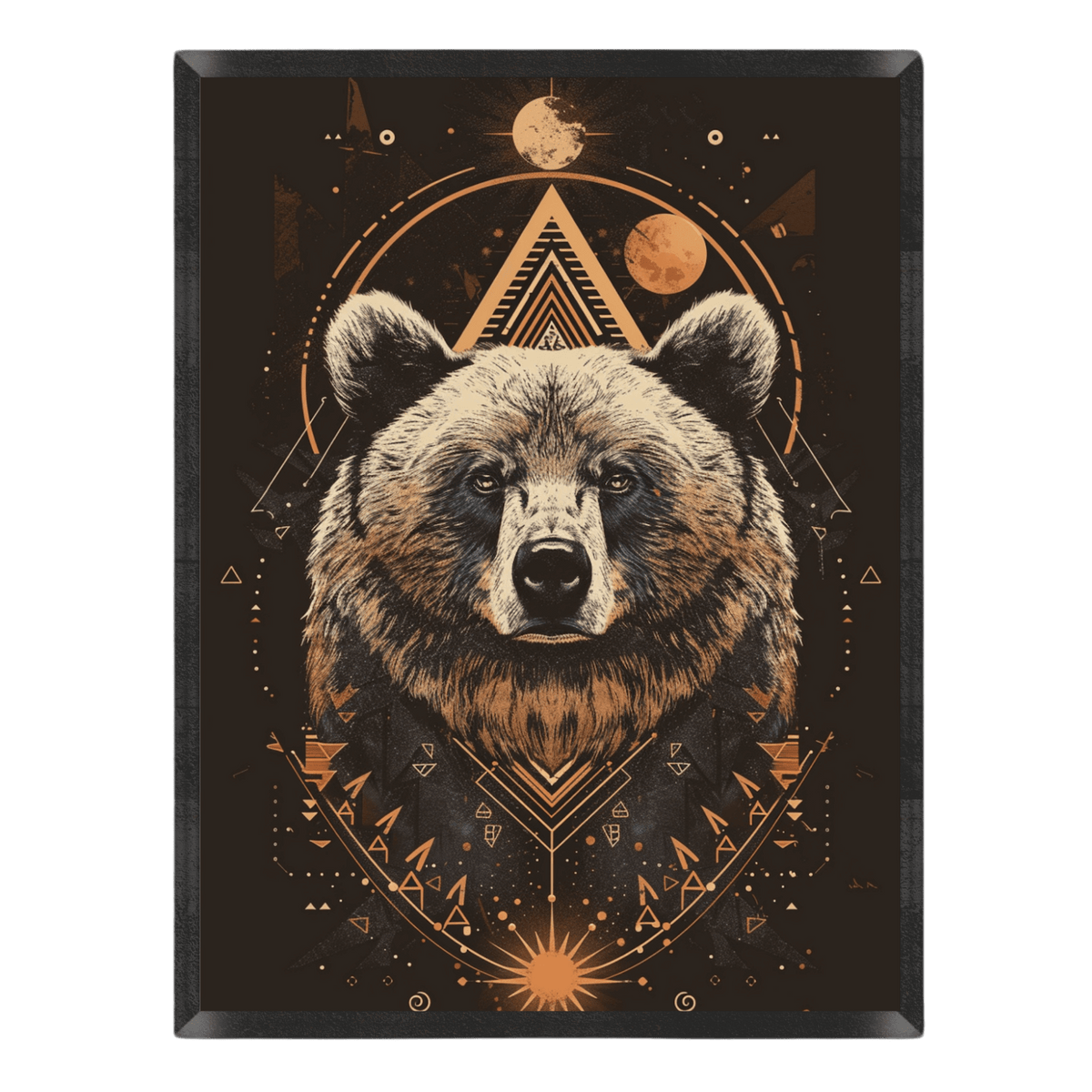 Celestial bear art print featuring a detailed grizzly bear portrait set against a dark background with golden sacred geometry, concentric triangles, moons, and stars inside a thin black frame.