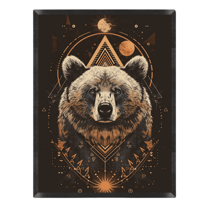 Celestial bear art print featuring a detailed grizzly bear portrait set against a dark background with golden sacred geometry, concentric triangles, moons, and stars inside a thin black frame.