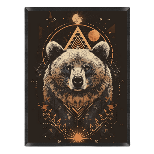 Celestial bear art print featuring a detailed grizzly bear portrait set against a dark background with golden sacred geometry, concentric triangles, moons, and stars inside a thin black frame.