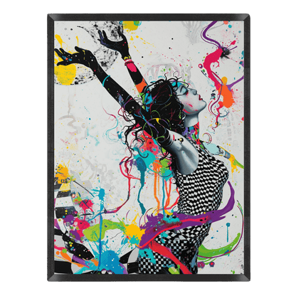 Expressive pop-art poster featuring a woman in a black-and-white checkered dress reaching her arms upward, surrounded by energetic splashes, ribbons, and drips of vibrant colorful paint in pink, cyan, purple, and yellow on a light background inside a thin black frame.