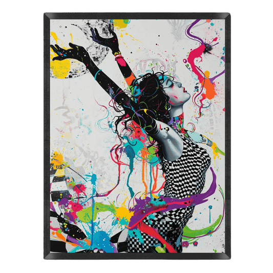 Expressive pop-art poster featuring a woman in a black-and-white checkered dress reaching her arms upward, surrounded by energetic splashes, ribbons, and drips of vibrant colorful paint in pink, cyan, purple, and yellow on a light background inside a thin black frame.