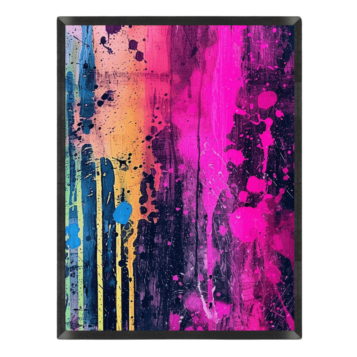 vibrant abstract graffiti art print featuring dramatic paint splatters, vertical brushstrokes, and drips in vivid magenta pink, deep purple, teal blue, and bright yellow tones, enclosed in a thin black frame