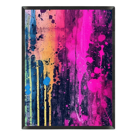 vibrant abstract graffiti art print featuring dramatic paint splatters, vertical brushstrokes, and drips in vivid magenta pink, deep purple, teal blue, and bright yellow tones, enclosed in a thin black frame