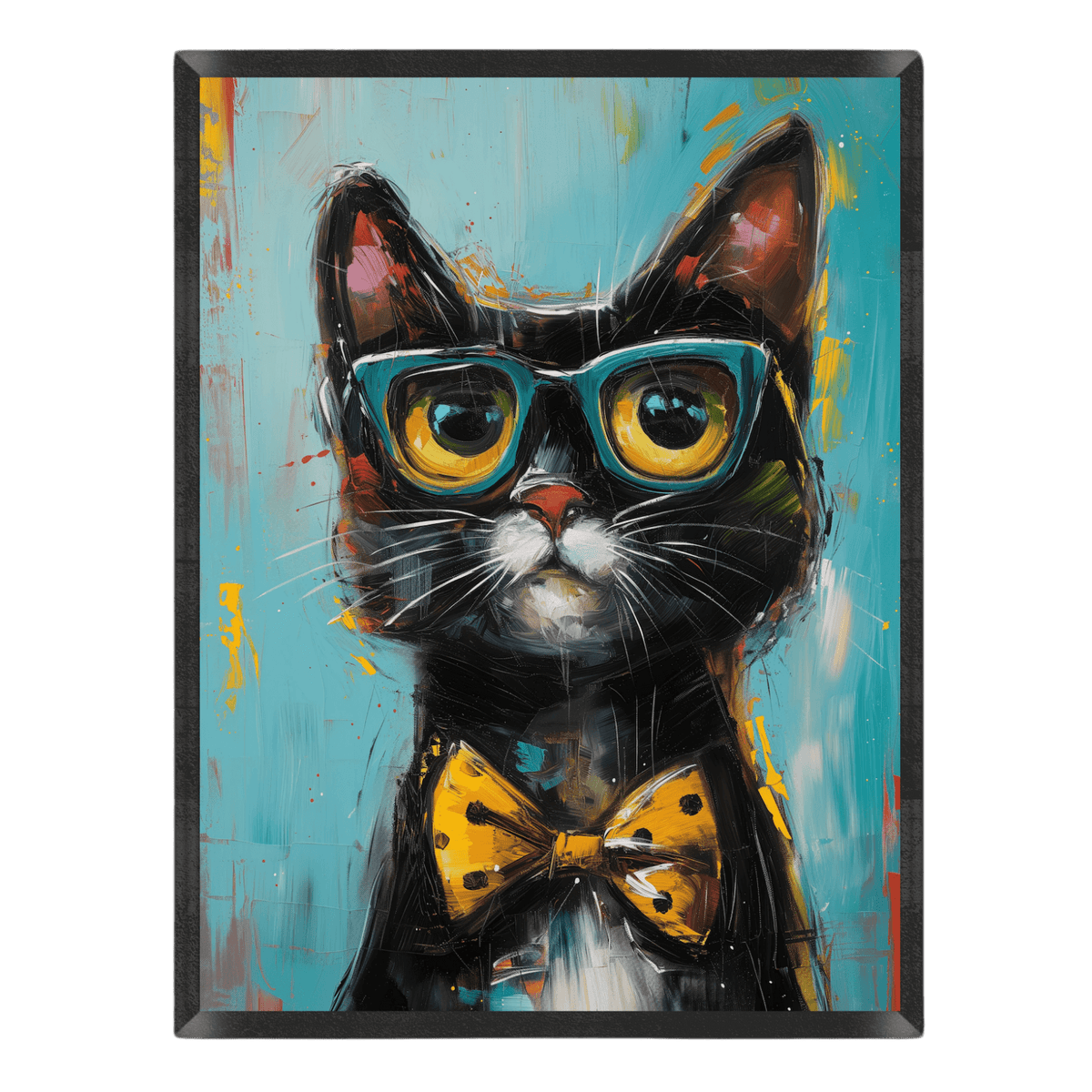 Whimsical oil painting poster featuring a black tuxedo cat wearing oversized teal glasses and a yellow polka-dot bow tie, rendered in expressive brushstrokes against a textured turquoise background inside a thin black frame.
