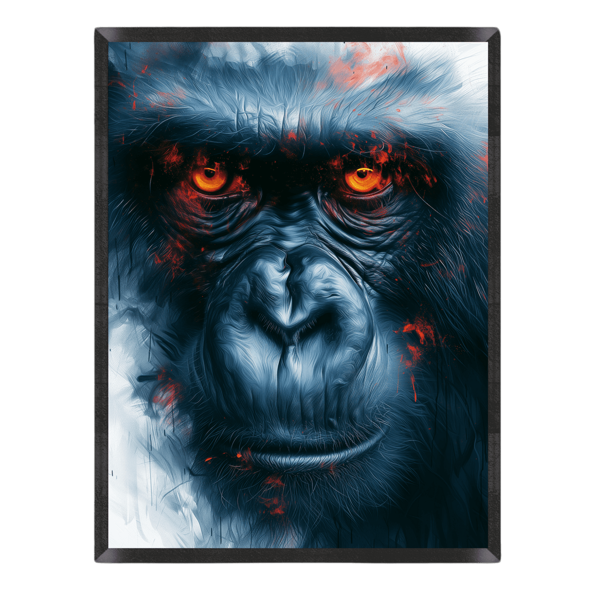 Dramatic wildlife portrait art print featuring an intense close-up of a gorilla with glowing orange eyes, cool blue-toned fur, and subtle fiery red paint splatters, set inside a thin black frame.