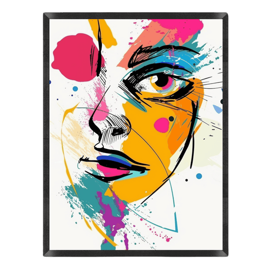Colorful abstract fashion illustration poster featuring expressive ink line work of a woman's face, layered with bold splashes and brushstrokes of bright yellow, hot pink, teal, and blue on a white background, set inside a thin black frame.