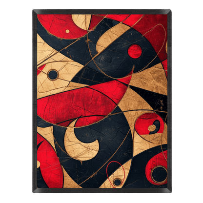 Mid-century modern abstract art print featuring interlocking curved geometric shapes, circles, and fluid lines with a distressed texture in vivid red, textured gold, and dark navy blue, set inside a thin black frame.