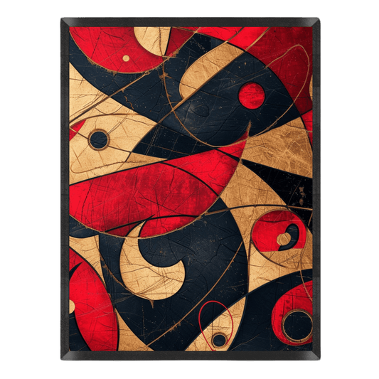 Mid-century modern abstract art print featuring interlocking curved geometric shapes, circles, and fluid lines with a distressed texture in vivid red, textured gold, and dark navy blue, set inside a thin black frame.