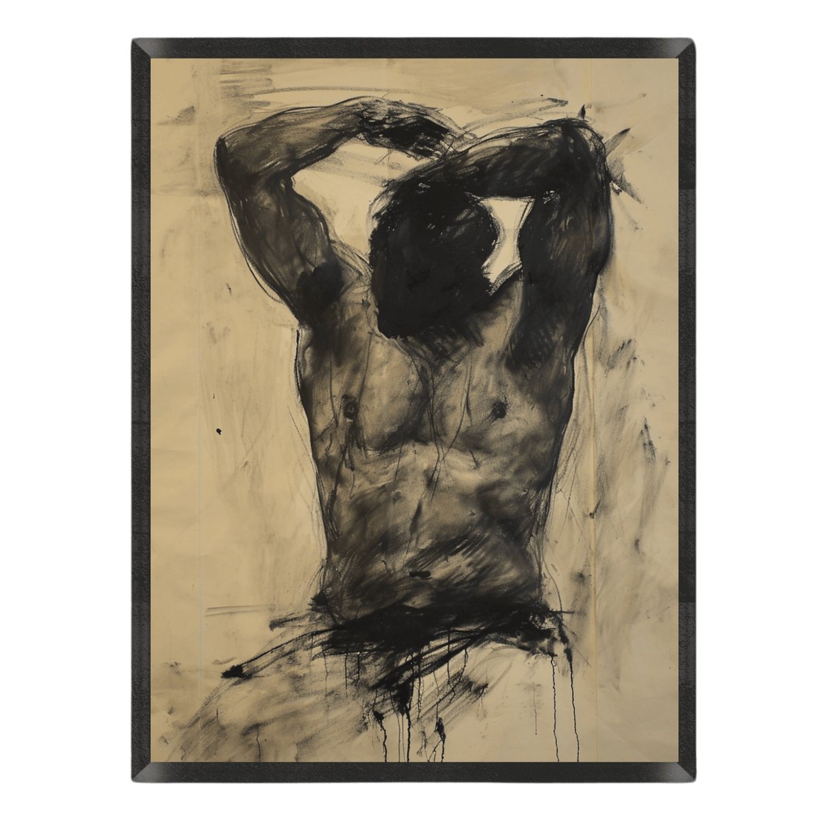 Expressive charcoal study of a male torso with arms raised above the head, drawn with dark smudge effects, gestural lines, and paint drips on a warm beige background, enclosed in a thin black frame.