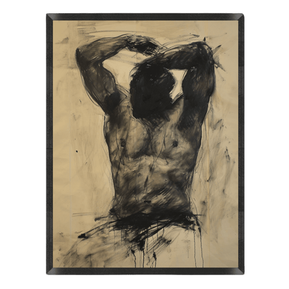 Expressive charcoal study of a male torso with arms raised above the head, drawn with dark smudge effects, gestural lines, and paint drips on a warm beige background, enclosed in a thin black frame.