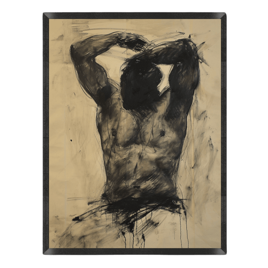 Expressive charcoal study of a male torso with arms raised above the head, drawn with dark smudge effects, gestural lines, and paint drips on a warm beige background, enclosed in a thin black frame.