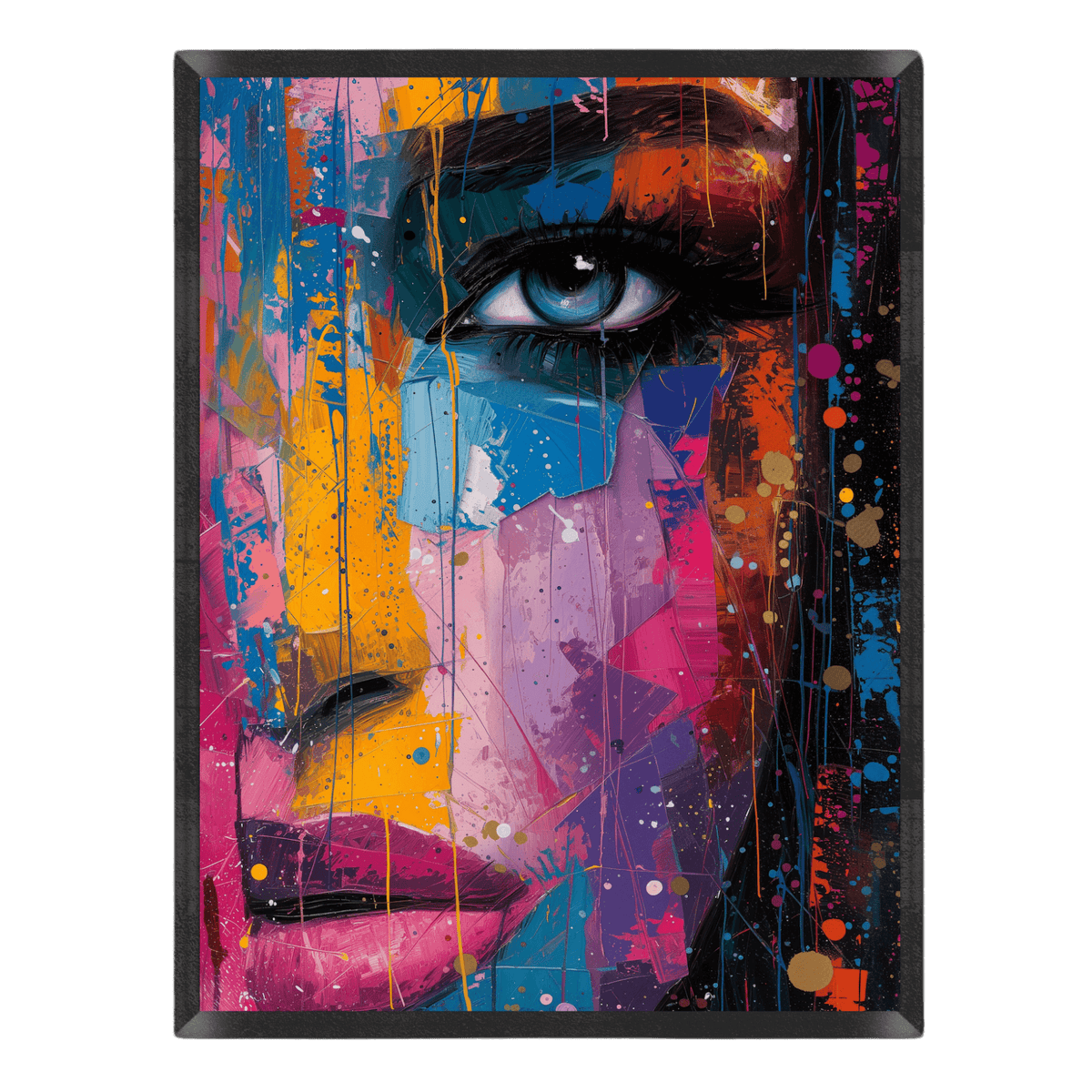 Vibrant abstract portrait poster featuring a detailed close-up of a blue eye and face composed of colorful block palette knife strokes, spray paint splatters, and paint drips in yellow, pink, blue, and purple inside a thin black frame.