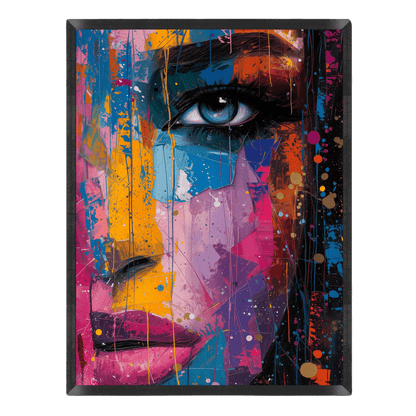 Vibrant abstract portrait poster featuring a detailed close-up of a blue eye and face composed of colorful block palette knife strokes, spray paint splatters, and paint drips in yellow, pink, blue, and purple inside a thin black frame.