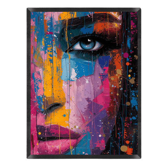 Vibrant abstract portrait poster featuring a detailed close-up of a blue eye and face composed of colorful block palette knife strokes, spray paint splatters, and paint drips in yellow, pink, blue, and purple inside a thin black frame.