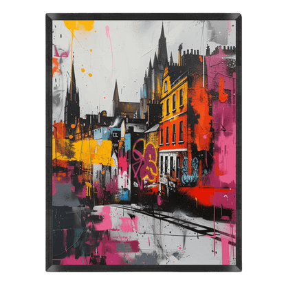 Urban street art poster featuring a European city skyline with gothic spires and historic buildings, stylized with vibrant graffiti, spray paint drips, and bold splashes of pink, orange, yellow, and black, enclosed in a thin black frame.