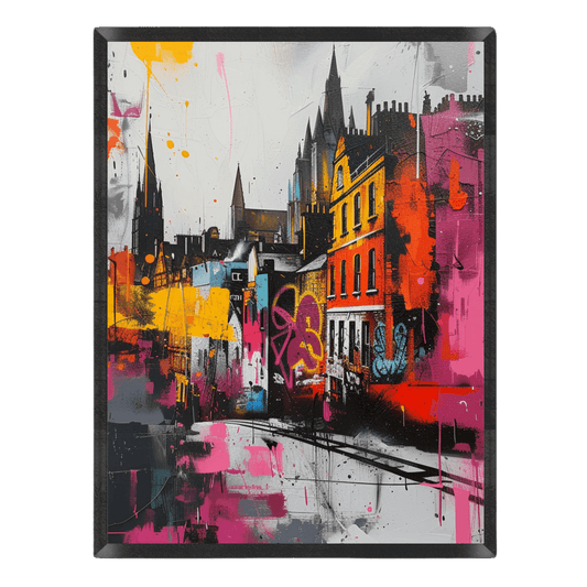 Urban street art poster featuring a European city skyline with gothic spires and historic buildings, stylized with vibrant graffiti, spray paint drips, and bold splashes of pink, orange, yellow, and black, enclosed in a thin black frame.