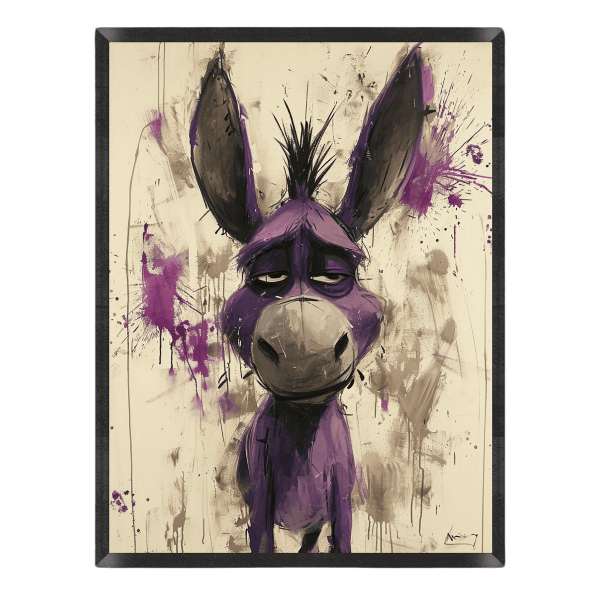 Artistic poster featuring a stylized, expressive purple donkey with tall ears and a droopy expression, surrounded by dynamic purple and beige paint splatters and sketchy lines on an off-white background, enclosed in a thin black frame.