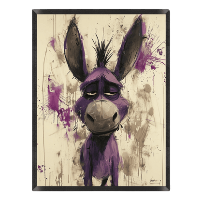 Artistic poster featuring a stylized, expressive purple donkey with tall ears and a droopy expression, surrounded by dynamic purple and beige paint splatters and sketchy lines on an off-white background, enclosed in a thin black frame.