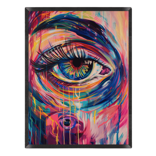 Vibrant psychedelic wall art poster featuring a close-up of a detailed eye with a multicolored iris, surrounded by swirling, dripping paint strokes in bright blue, pink, yellow, and orange inside a thin black frame.