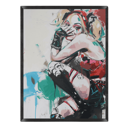 Pop-art graffiti poster of Harley Quinn with blonde pigtails, holding a gloved hand to her mouth in a mischievous smile, set against a urban white backdrop with teal, red, and blue paint splatters in a black frame.