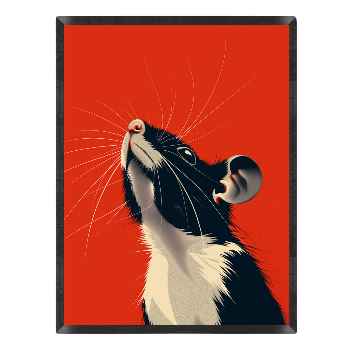 Graphic illustration of a black and white rat or mouse looking upward with prominent long whiskers, set against a bold solid red background inside a thin black frame.