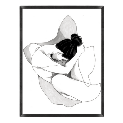 Black and white minimalist line art illustration of a curled female figure with dark updo hair wrapped in flowing fabric.