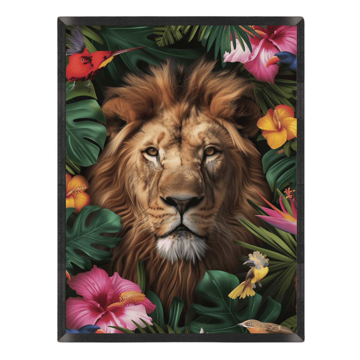 Jungle art print featuring a lion's face centered among lush tropical monstera leaves, vibrant pink and yellow hibiscus flowers, and colorful exotic birds.