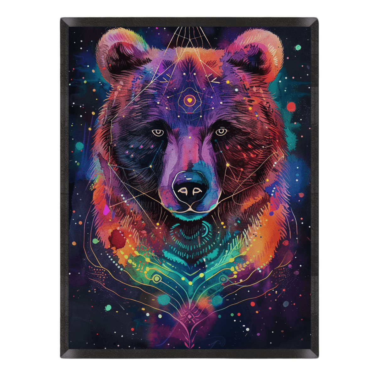 Cosmic art print featuring a bear's portrait rendered in vibrant neon colors, overlayed with sacred geometry lines, glowing constellations, and paint splatters against a dark background.
