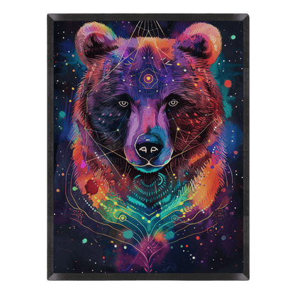Cosmic art print featuring a bear's portrait rendered in vibrant neon colors, overlayed with sacred geometry lines, glowing constellations, and paint splatters against a dark background.